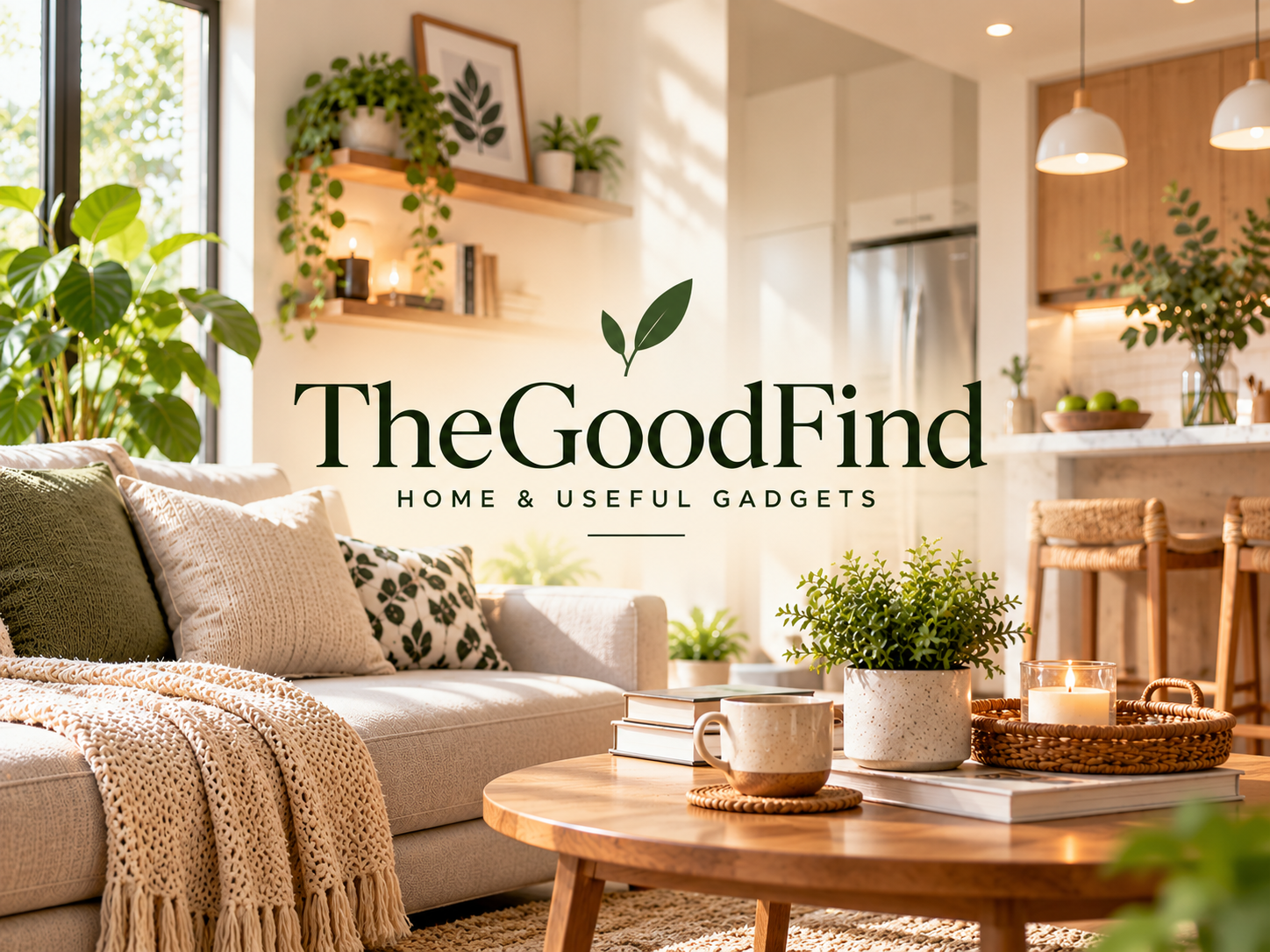 sunlit modern living room with thegoodfind logo